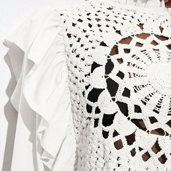 White Casual Women's Apricot Hollow Hook Flower Splicing Ruffles Tops - Picture 5 of 7